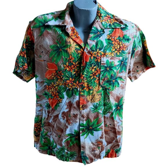 Vintage Men's Large Hawaiian Shirt 1970's USA made In Hawaii Surfer Print Cotton - Picture 2 of 7